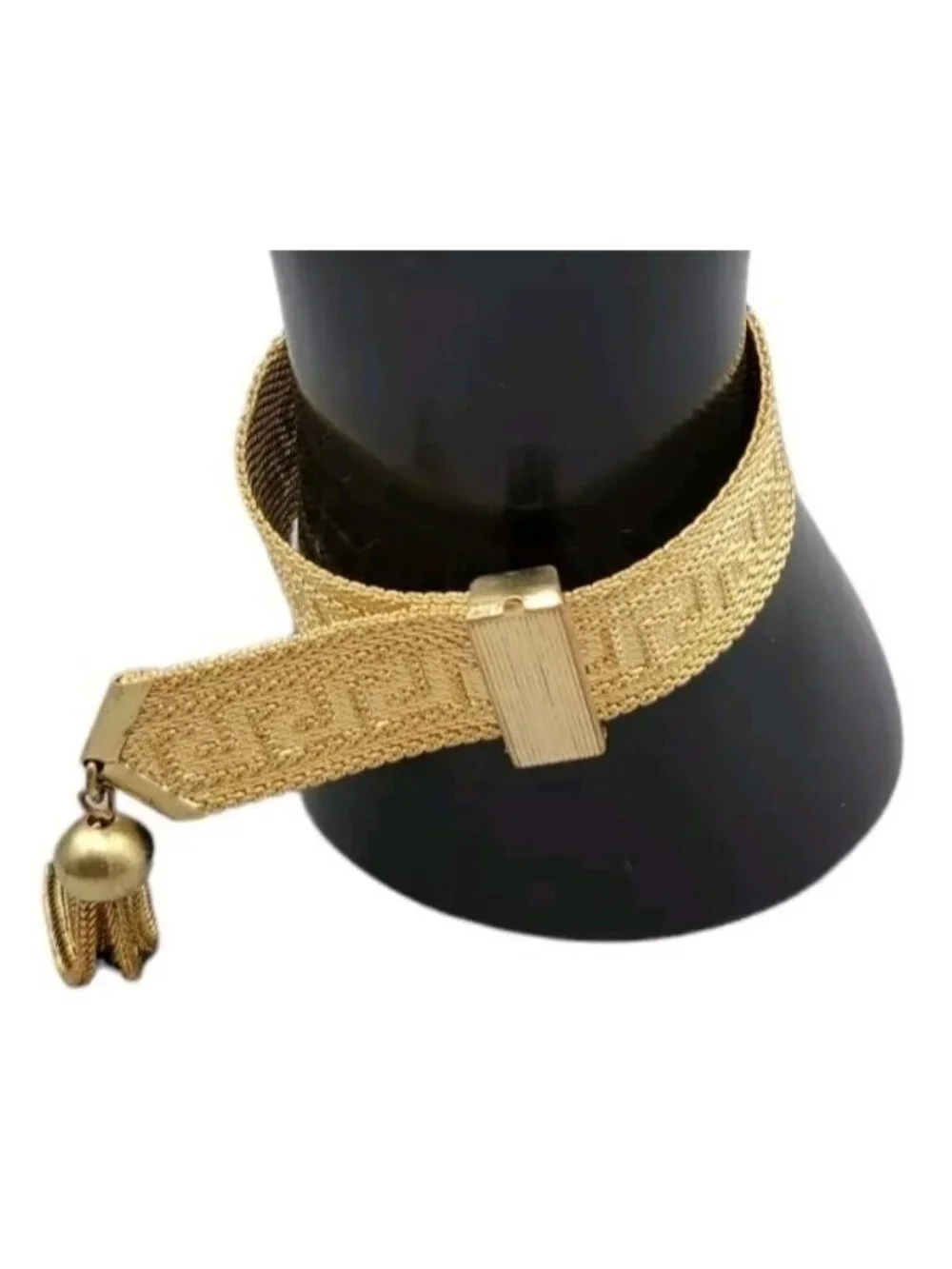 Art Deco Byzantine Greek Key Tassel Gold Tone Mesh Slide Bracelet - Picture 5 of 16